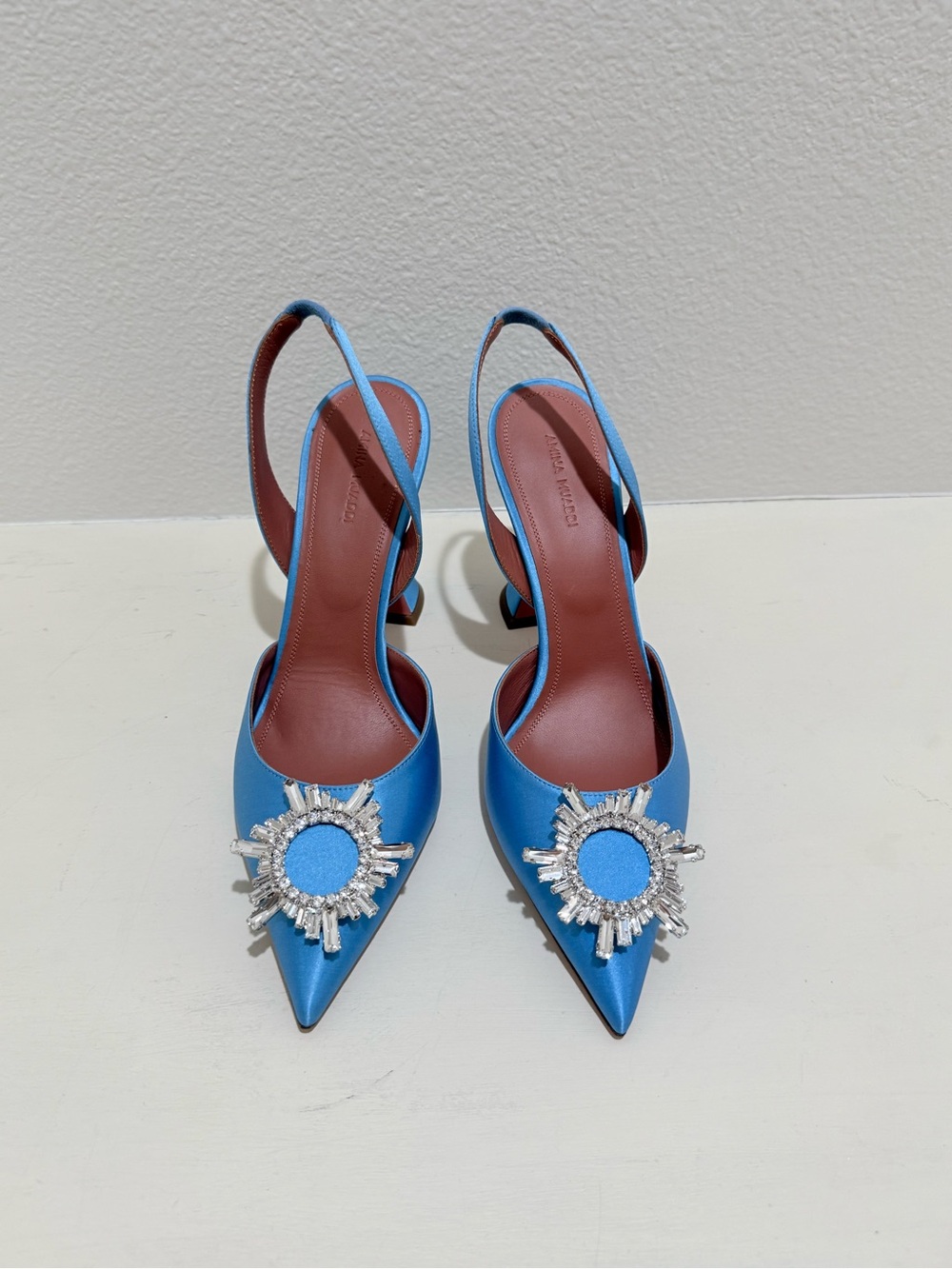 Amina Muaddi Sky Blue Slingback Pump with Crystal Brooch - Picture 4 of 10